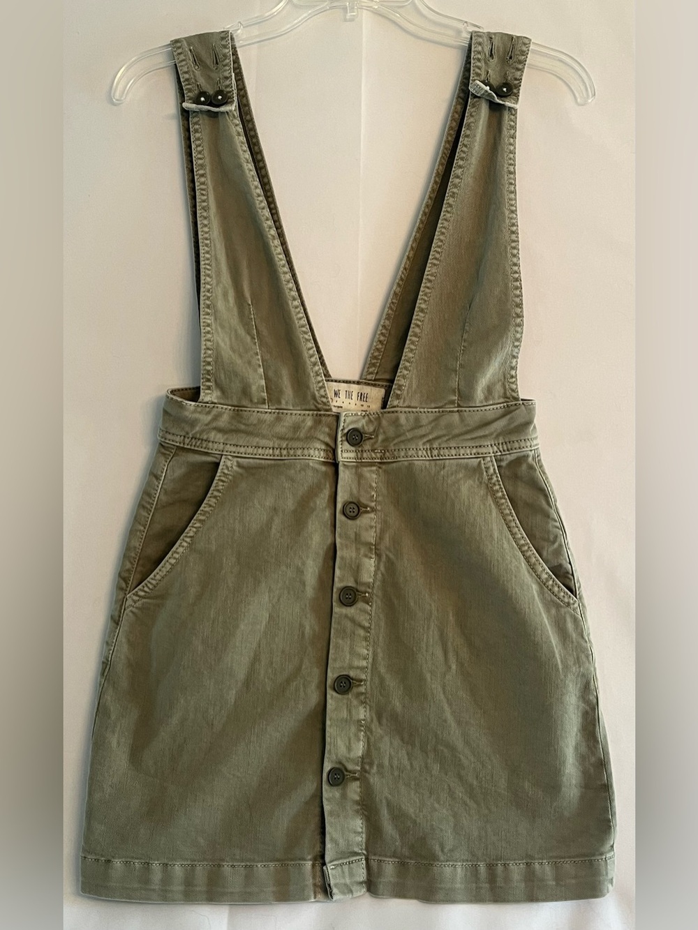 We The Free Sage Green Button Front Pinafore Overall Skirt Boho Utility
